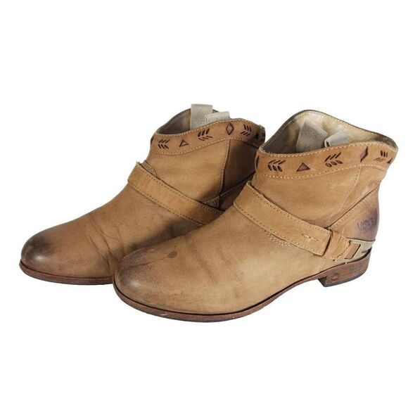 UGG Women's Austin US 6,5 Brown Leather Sheepskin Insole Western Ankle Boots - Picture 1 of 12